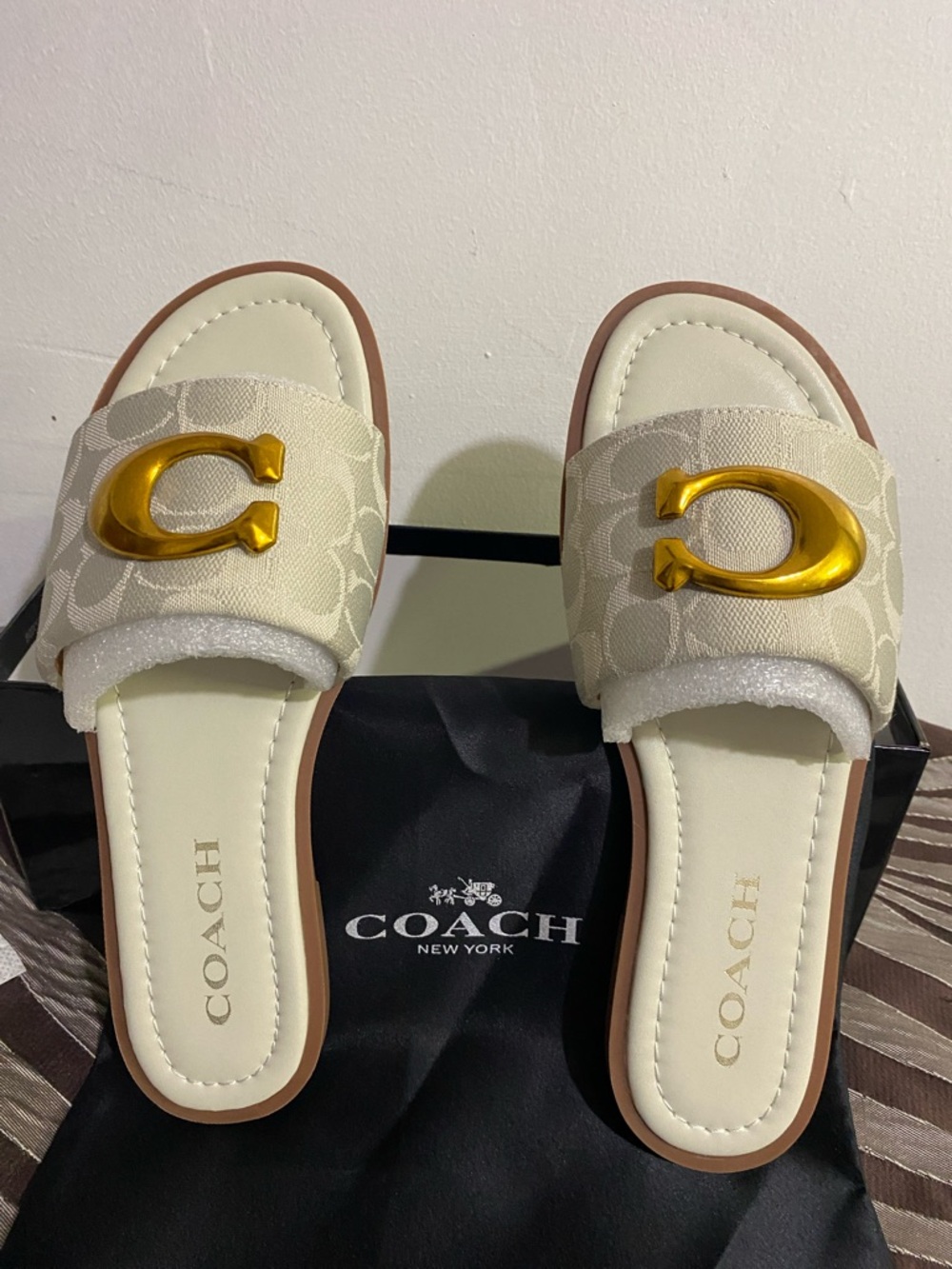 COACH Cream Signature Slide Sandals with Gold 'C' Accent - Picture 2 of 9